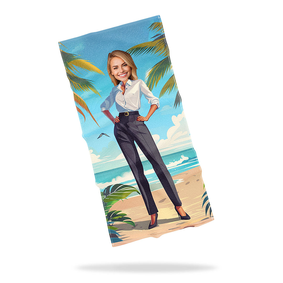 Personalized Towel with Face 'Businesswoman on the Beach'